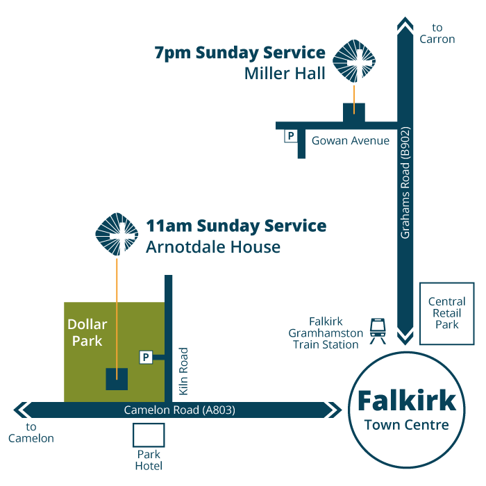 Diagram that shows the location of Arnotdale House and Miller Hall in relation to Falkirk town centre.